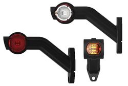 Cuerno de gálibo izquierdo LED lateral de 3 funciones, blanco, rojo y ámbar, con brazo de goma largo e inclinado, cable 2×0,75 mm² de 0,5 m de longitud con conector QS150.