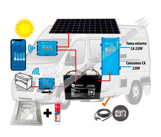 Kit Camper Booster 18A, solar 200W, acumulación 100Ah LFP, potencia 800VA