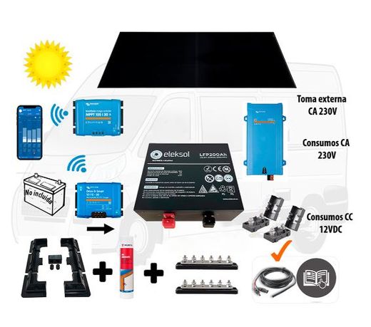 Kit Camper Booster 50A, solar 400W IBC, acumulación 200Ah LFP, potencia 2000VA