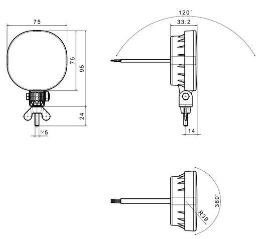 Feu de recul à LED avec support pivotant et câble de 0,5 m. - 12-24v