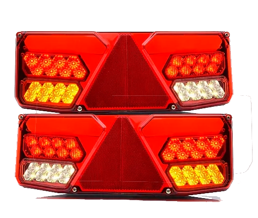 2er-Pack LED-Rückleuchten, 1 links + 1 rechts, multifunktional und mit Dreieckssymbolen, Modelle 99-1035 + 99-1038